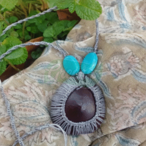 Forest Post Macramé Seabean Necklace in Cloud Grey and Blue beads